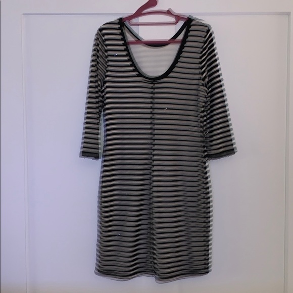 Express - Navy 3/4 Sleeve Striped Fitted Dress (M) - Picture 3 of 4